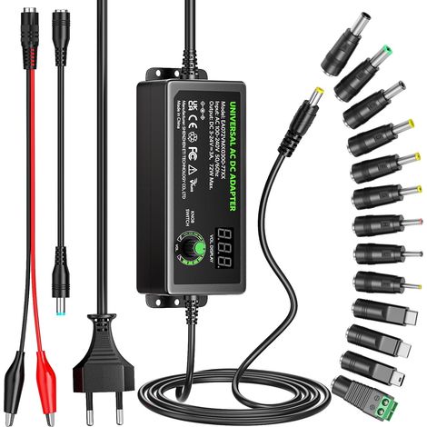 72W Adaptateur Secteur Universel 3V-24V 3A Réglable, 100-240V CA CC Transformateur d'alimentation avec Indicateur LED 13 Prises CC Convertisseur de Polarité Pince Crocodile pour l'électronique (1/5)