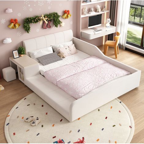 Lit enfant rembourré 140/200 cm blanc en velours avec bureau, tabouret et étagère (1/5)