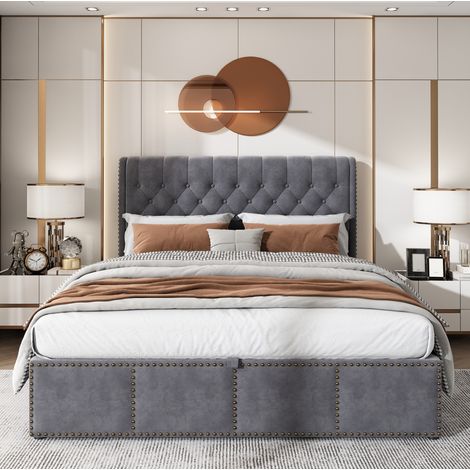 lit coffre 140x190 en velours gris avec sommier HAVRYA (1/5)