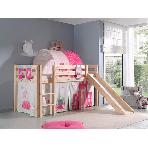 Cama de media altura 90x200 con tobogán, somier y funda Princesa Vipack Pino - Madera (1/4)
