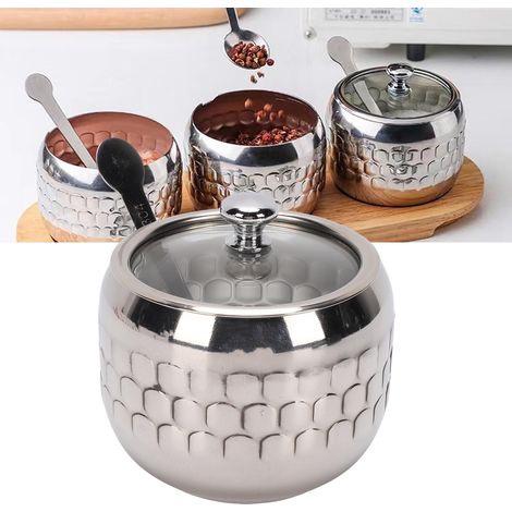 Pot à épices en acier inoxydable 304, compatible lave-vaisselle, poli, avec couvercle en verre transparent et cuillère pour sel et sucre. (1/5)