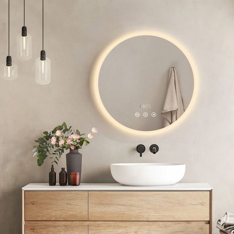EMKE Round Bathroom LED Mirror with Bluetooth Speaker, 600mm Dimmable Backlit LED Illuminated Mirror with Anti-Fog, Touch, Memory, Automatic Power-off, Clock (1/5)
