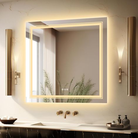 90x90cm Specchio Bagno LED Luce Retroilluminato + Frontale, Rettangolare, Disappannamento, Interruttore Touch, Dimmerabile, Memoria