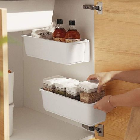 2 organisateurs de panier d'armoire de cuisine,Glissez les tiroirs de rangement en plastique,sous l'évier,organisateur du meuble, tiroir coulissant pour cuisine,salle de bain Undersink(blanc)-Fei Yu (1/4)