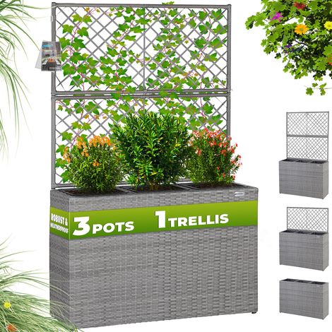 CASARIA Large Rattan Garden Trough Planter Flower Pots Planters With Trellis Raised Bed Growing Climbing Frame Support Grey (1/7)