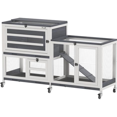 Cage à lapin en bois, à deux niveaux avec roues, 3 plateaux, peut contenir 2 à 3 lapins, dimensions : 147 x 45 x 89,5 cm, grise. (1/5)