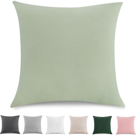 Taie Oreiller 50x50 cm Lot De 2，Housse Coussin 100% Coton Lavé Doux, Aspect Lin Et Respirant, Taie d Oreiller Vert Clair avec Fermeture éClair (1/5)