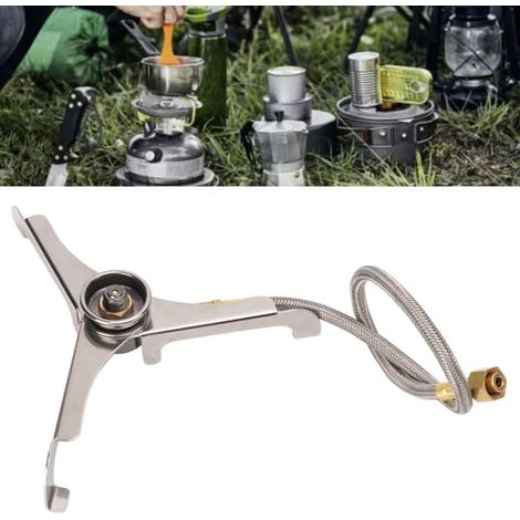 Réchaud à gaz trépied d'extérieur pliable et résistant à la chaleur, avec convertisseur de réservoir long pour le camping. (1/5)