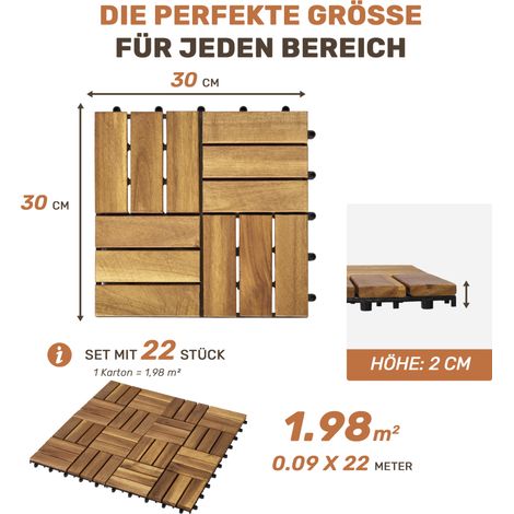 22 Dalles de terrasse en bois d'acacia jaune 30x30 cm pour extérieur, motif damier (1/5)