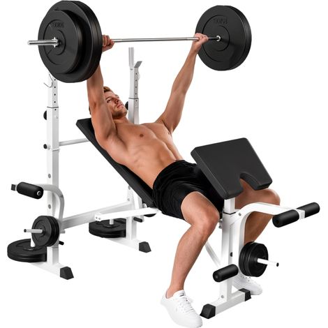 Haltère banc multifonctionnel avec support pour presse poitrine, jambes et biceps en acier noir et blanc, robuste et durable (1/5)