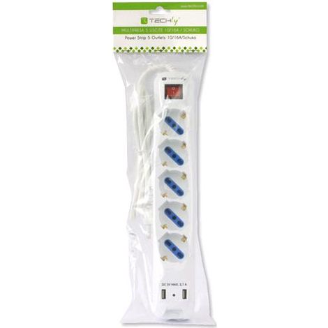 Techly Multipresa 5 Posti Italiana Bipasso con 2 Prese USB (1/5)