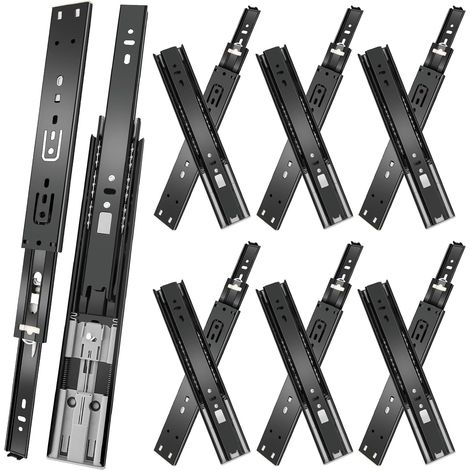 glissières de tiroir 6 paires (12 pièces),35cm glissiere pour tiroir, amortisseur coulisse tiroir avec roulements à billes, montage latéral,extension complète, capacité de charge 45 Kg,noir (1/5)