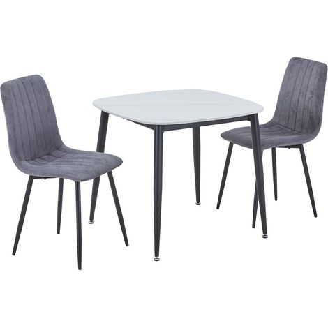Aspen Gloss White Sintered Stone Square Table & 2 Grey Fabric Chair Set - Metal - L54 x W53.5 x H88 cm
