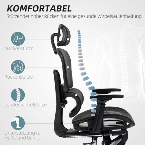 Fauteuil de bureau ergonomique en filet noir, réglable, à roulettes, avec accoudoirs et appui-tête (1/5)