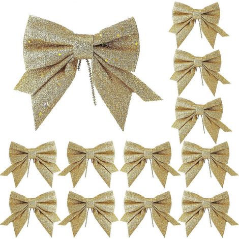 Lot de 12 nœuds de Noël pailletés, nœuds argentés pour sapin, décorations de couronnes de Noël, nœuds à sequins dorés (1/5)