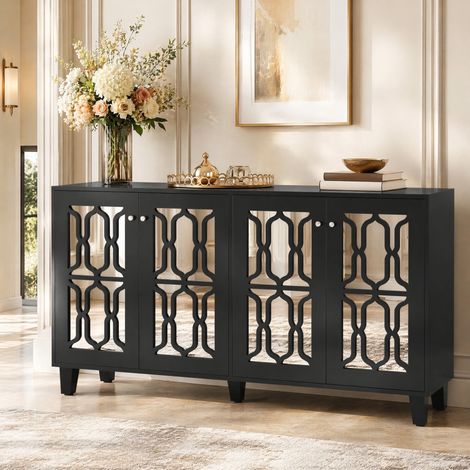 Buffet 4 portes miroir noir avec étagères intérieures mobiles 160 x 40 x 84 cm DESVIAE (1/5)