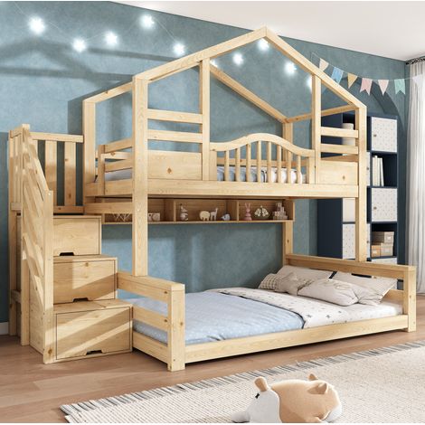 Etagenbett Kinderhausbett (254x145x206 cm), mit Treppenschrank und Regalen, Massivholz und MDF, Beige und Hellnatur (1/5)