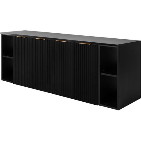 Furnidea - Meuble sous vasque suspendu FLOW NOIR 160 cm avec 2 x l'étagères - extensions et plan - 4 portes - façades rainurées (1/5)