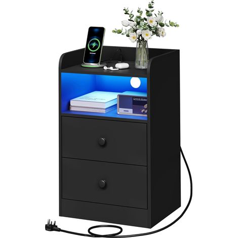 WOLTU 1x Bedside Table,3-tier Nightstand,LED Bedside Cabinet,Side Cabinet for Bedroom Living Room, Black