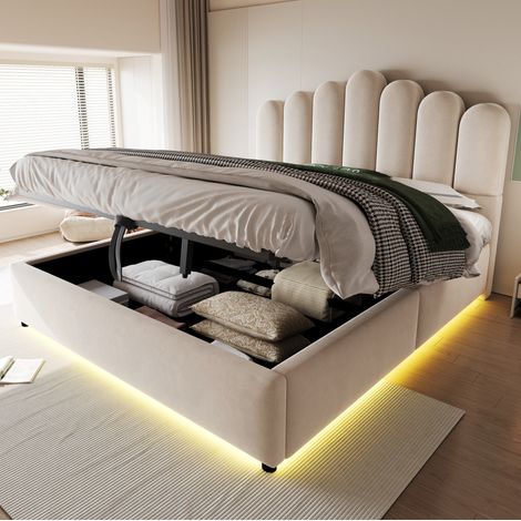 Letto contenitore 140x200 cm in velluto beige con LED e vano portaoggetti, senza materasso – MEUBLIV (1/5)