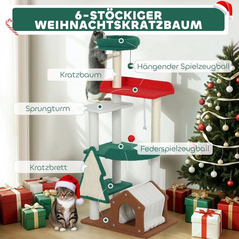 Arbre à chat 135 cm aux teintes de Noël avec panier, cabane pour chat, griffoirs, plateformes d'escalade et balles de jeu