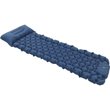 Tapis de sol de camping avec oreiller incurvé intégré, repose-pieds, gonflable, léger et portable, avec pompe à air, adapté à une utilisation en extérieur, bleu marine. (1/5)
