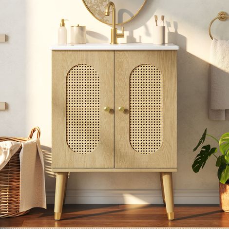 Modernluxe - Meuble de salle de bain 61 cm avec vasque en céramique, sous-vasque sur pieds avec 2 portes en rotin, finition bois, naturel (1/5)