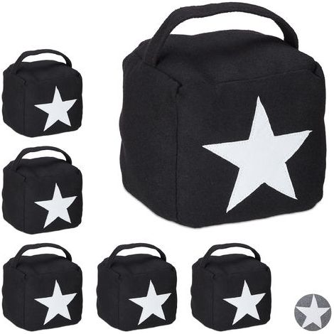 6 x Türstopper Stern, Türpuffer Stoff, Türsack Boden, hoch, mit Griff, dekorativ, HxBxT: 20 x 15 x 15 cm, schwarz
