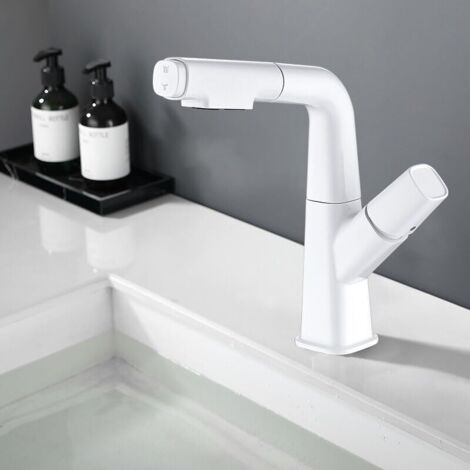 Robinet d'évier extractible, robinet rotatif chaud et froid, blanc (1/4)