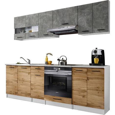 Cuisine Bigo 8 éléments - finition bas BOIS haut BETON 240 cm (1/2)