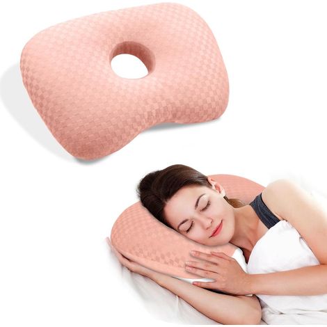 Piercingkissen - Ohrkissen - Donut-Kissen mit Ohrloch - Seitenschläferkissen - Ringkissen - Lindert Ohrenschmerzen - Für jede Schlafposition - Orthopädisches Kissen - Ohrstöpsel zum Schlafen - Rosa (1/5)