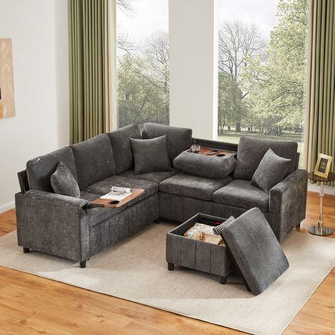 Ecksofa 205x205x85 cm grau aus Chenille mit Schlaffunktion, Stauraumhocker, USB und Type-C (1/5)