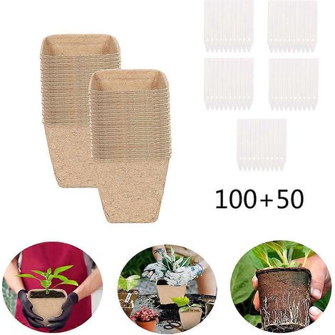 100 pots en tourbe avec 50 étiquettes pour semis de jardin - Kit C (1/5)