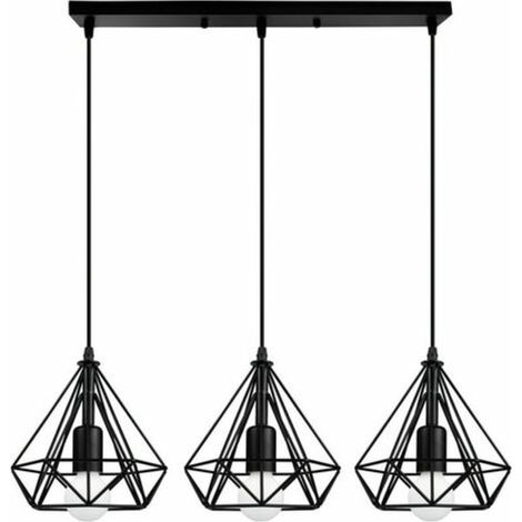Lustre suspendu industriel en métal noir forme diamant, 3 ampoules E27, suspension pour chambre, cuisine, bar - noir (1/5)