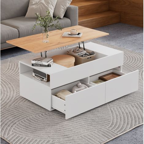 Mesa de centro elevable 100 x 50 x 40 cm con 2 cajones, almacenaje oculto, blanco y madera HAVRYA (1/5)