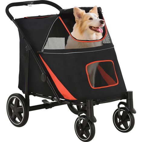 Poussette pliable pour chien avec ouvertures zippées et fenêtres en filet, 112 x 65 x 100 cm, rouge et noir (1/5)