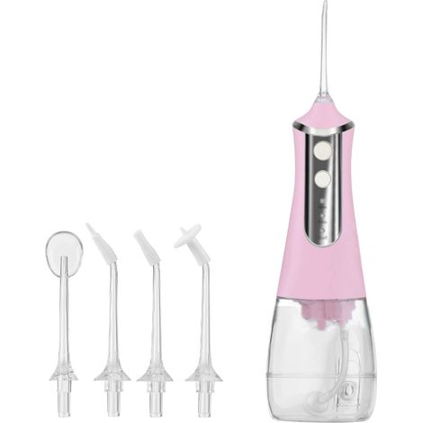 Tragbarer Munddusche, kabelloser Zahnreiniger, wiederaufladbar, 3 Modi, wasserdicht (IPX6), 5 Düsen, 350-ml-Wassertank