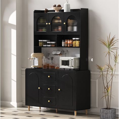 Buffet haut de cuisine en MDF noir 120 x 40 x 190 cm, verre strié, 3 tiroirs, étagères réglables et panneau perforé (1/5)