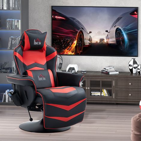 Fauteuil de jeu massant avec repose-pieds et coussin. Simili cuir. 78 x 80 x 111,5 cm. Noir et rouge.