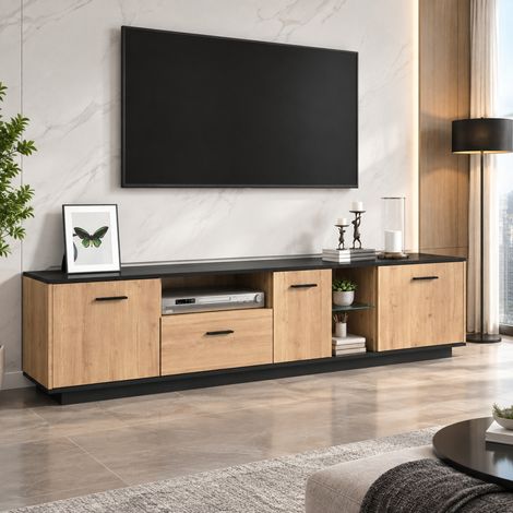Mobile TV 180 x 37 x 45 cm con LED 16 colori, 3 porte, 1 cassetto, MDF nero e legno OKMYHOME (1/5)