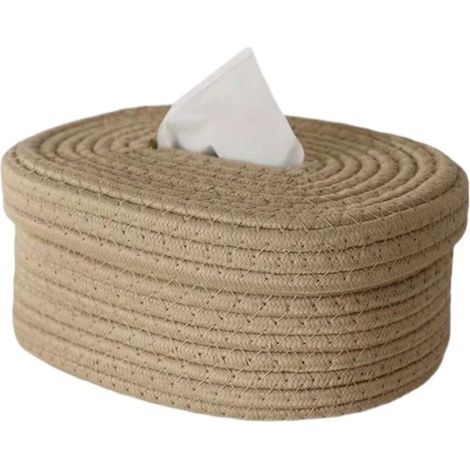 Boîte à mouchoirs en corde de coton, boîte de rangement ovale avec couvercle, boîte de rangement de lingettes en papier, panier de rangement de masques adapté au salon de la chambre à coucher