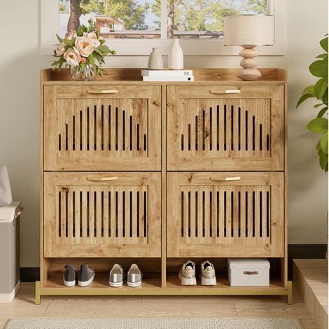 Meuble à chaussures 108.5x24x100 cm coloris bois en MDF avec 4 portes ajourées, étagère supérieure et gain de place (1/5)