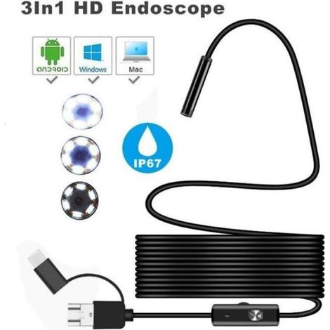 Endoscope - Caméra D'inspection 7 mm - USB Micro USB Type-C - Résolution 640x480 - Étanchéité IP67 - 6 LED Réglables - Pour Windows Android Mac - 2 m (1/4)