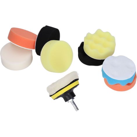 Lot 11 accessoires polissage auto : 8 éponges mousse, 1 disque laine, adaptateur perceuse, ventouse, 3in, ABS, pour cirer et glazer (1/5)