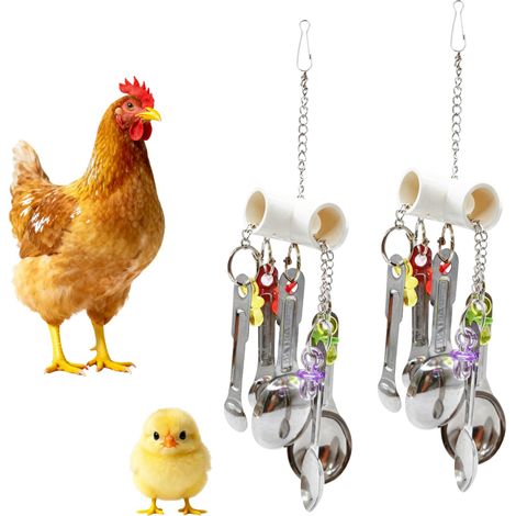 Lot de jouets d’enrichissement pour poules avec décorations colorées et cuillères clochettes brillantes, décoration de jeu suspendue à picorer pour poules, canards, volailles de jardin et oiseaux de c (1/5)