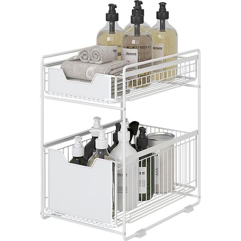 Tiroir de rangement sous évier à 2 étages pour cuisine et salle bain, panier coulissant en métal, bureau maison avec revêtement blanc