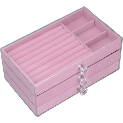 Coffret de Rangement Bijoux Acrylique Transparent 3 Tiroirs Rose Support Présentoir pour Boucles d'Oreilles Colliers Pendentifs Organisateur Étui (1/5)