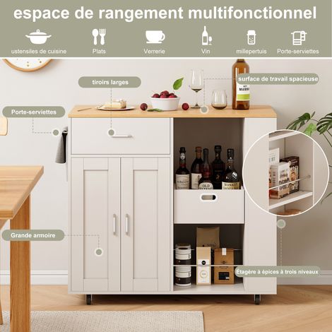 Küchenwagen 102x46x92 cm mit Holz-Arbeitsplatte und 3 Gewürzregalen, mobil, modern, MDF, Weiß