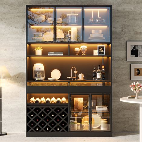 Buffet de Cuisine 120x38x200 cm avec Éclairage LED, Vitrine en Verre Sécurit Gris, Cave à Vin et Porte-Verres, Sideboard Moderne (1/5)