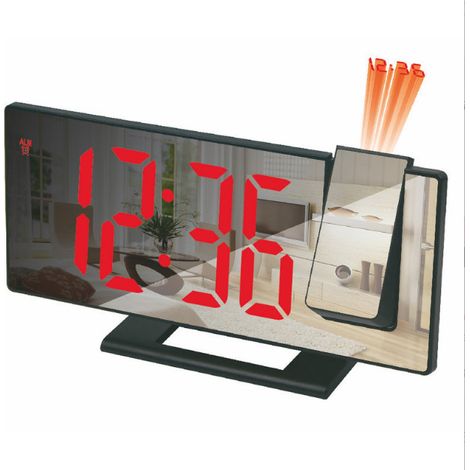 Wecker mit 180°-Projektion, digitalem Radiowecker, LED-Spiegeldisplay, USB-Anschluss, Schlummerfunktion, 4 Helligkeitsstufen, 12/24-Stunden-Format (schwarzes Gehäuse, rotes Display) (1/4)